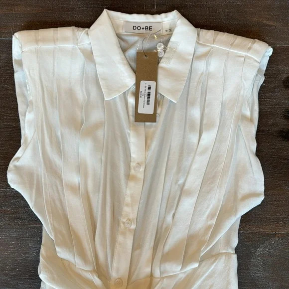 Do+Be Be White Button Front Tie Mini Dress Sleeveless Sz M Collared Flat Pleats - Picture 15 of 16